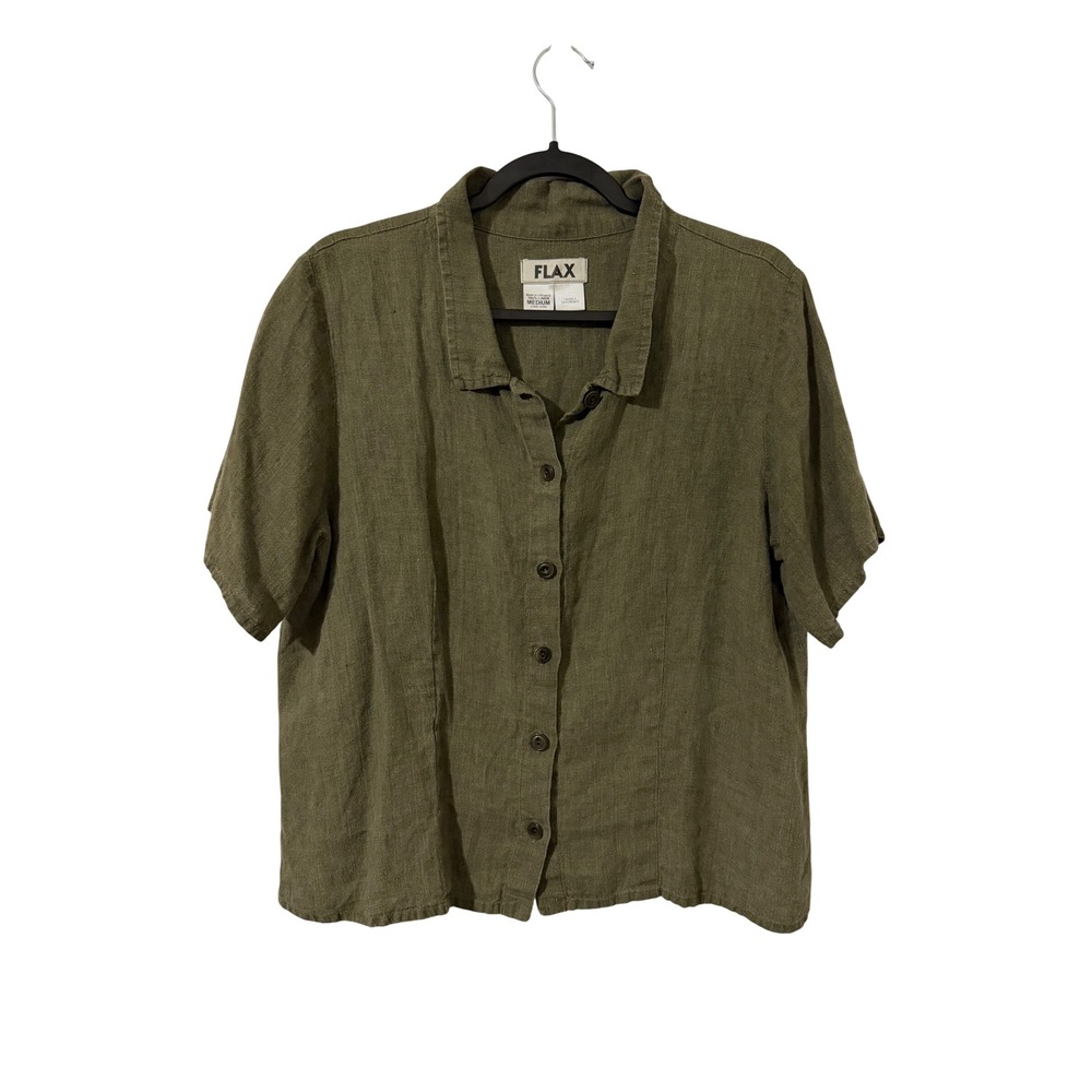 FLAX Button Down Shirt Women Olive Green 100% Linen Short Sleeve Lagenlook M